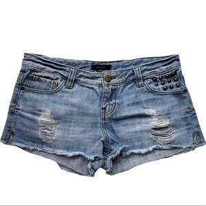 MINE Distressed Denim Shorts Embellished Studded Pockets